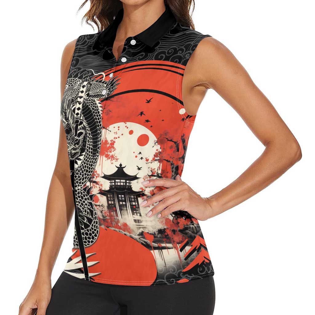 Japanese Dragon Katana Enso Women Sleeveless Polo Shirt Japan Pagoda Seamless Cloud - Polynesian Pride