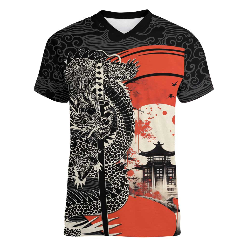 Japanese Dragon Katana Enso Women V-Neck T-Shirt Japan Pagoda Seamless Cloud - Polynesian Pride