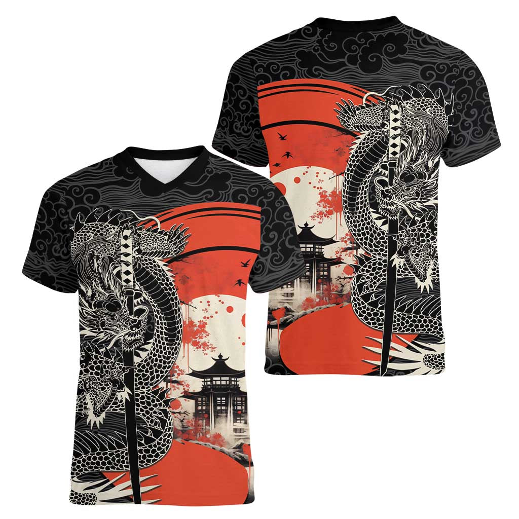 Japanese Dragon Katana Enso Women V-Neck T-Shirt Japan Pagoda Seamless Cloud - Polynesian Pride
