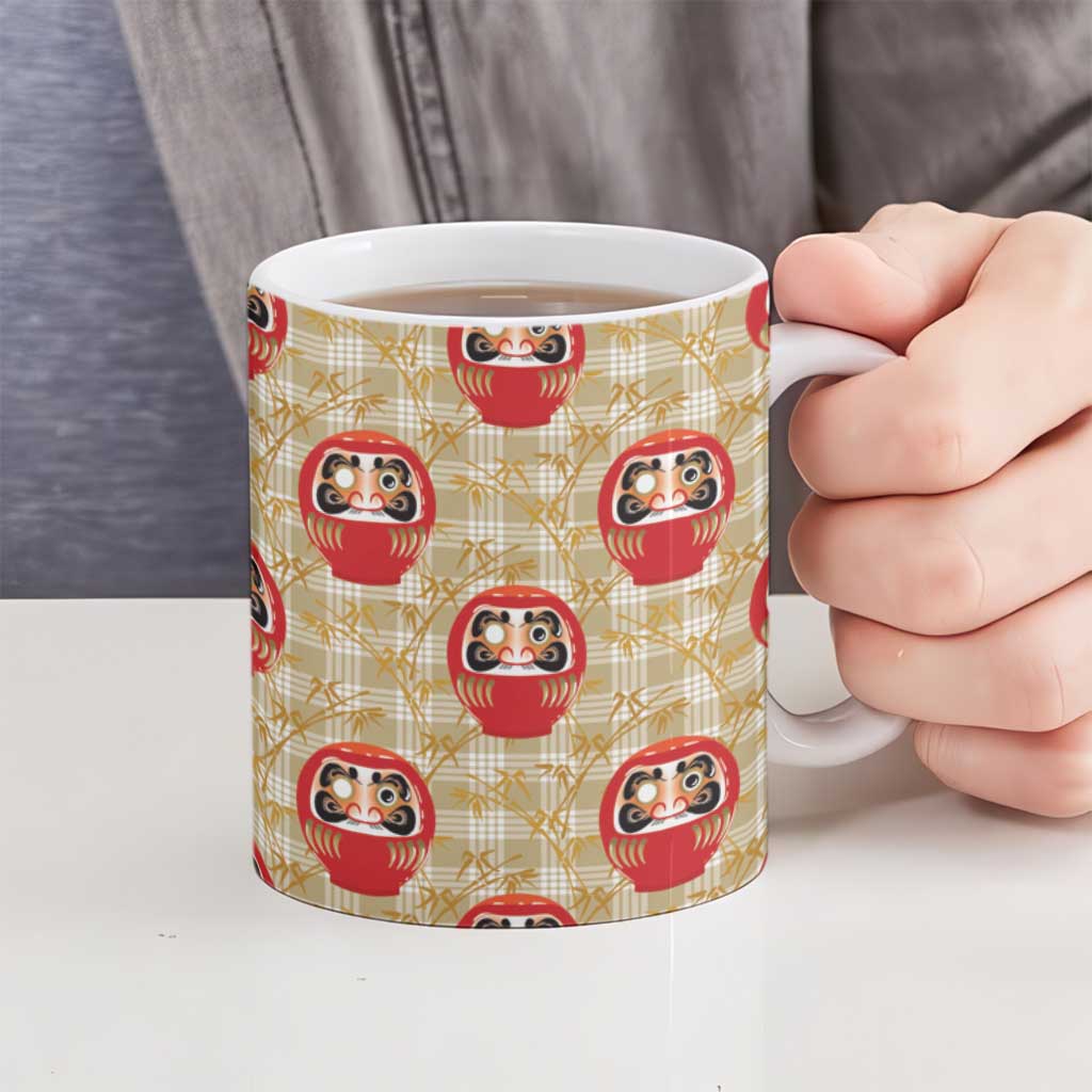 Japanese Daruma Doll Ceramic Mug Palaka With Seamless Bamboo Pattern - Polynesian Pride