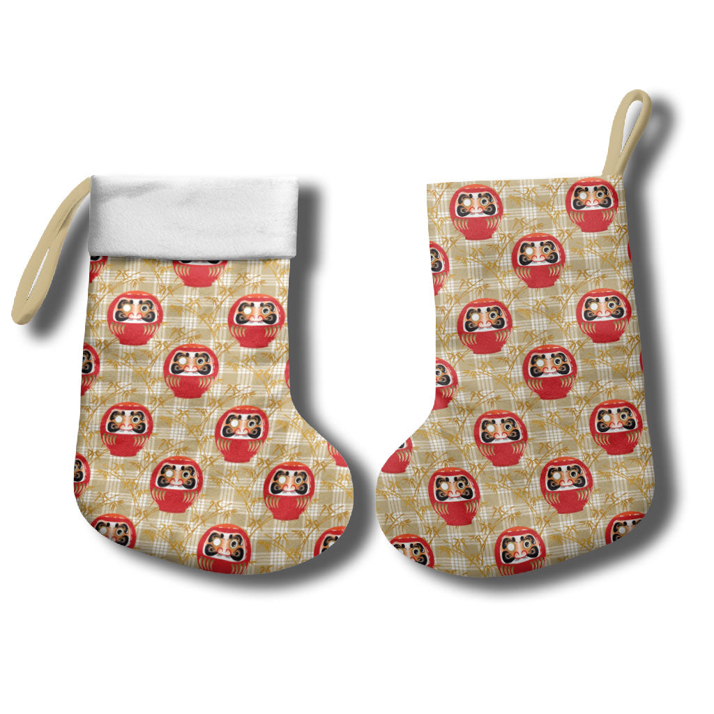 Japanese Daruma Doll Christmas Stocking Palaka With Seamless Bamboo Pattern