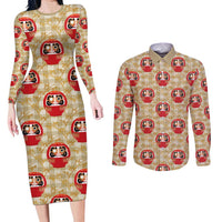 Japanese Daruma Doll Couples Matching Long Sleeve Bodycon Dress and Long Sleeve Button Shirt Palaka With Seamless Bamboo Pattern - Polynesian Pride