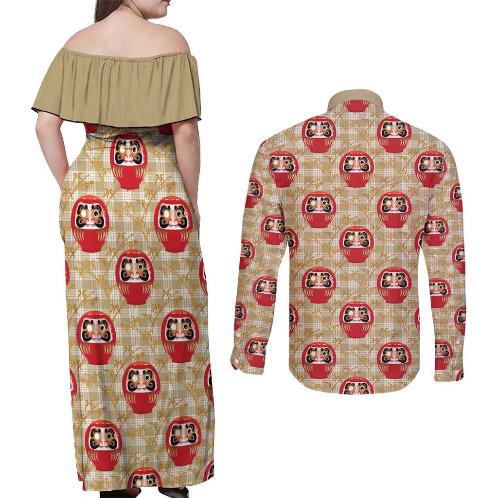 Japanese Daruma Doll Couples Matching Off Shoulder Maxi Dress and Long Sleeve Button Shirt Palaka With Seamless Bamboo Pattern - Polynesian Pride