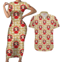 Japanese Daruma Doll Couples Matching Short Sleeve Bodycon Dress and Hawaiian Shirt Palaka With Seamless Bamboo Pattern - Polynesian Pride