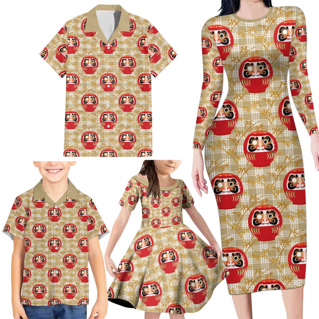 Japanese Daruma Doll Family Matching Long Sleeve Bodycon Dress and Hawaiian Shirt Palaka With Seamless Bamboo Pattern - Polynesian Pride