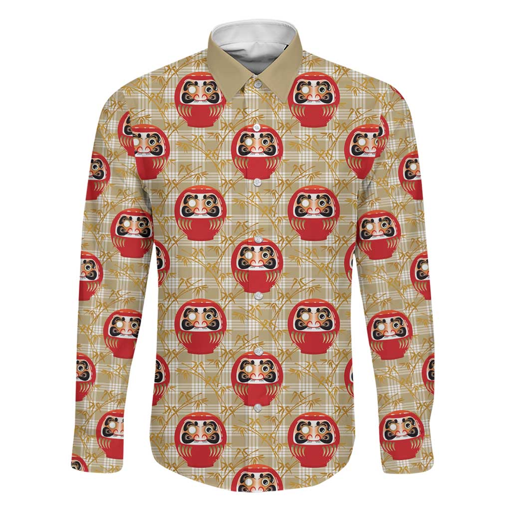Japanese Daruma Doll Family Matching Off The Shoulder Long Sleeve Dress and Hawaiian Shirt Palaka With Seamless Bamboo Pattern - Polynesian Pride