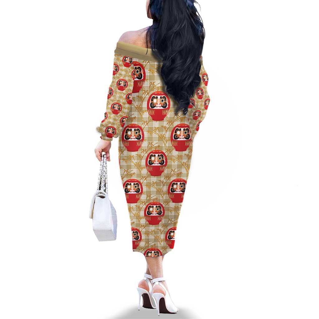 Japanese Daruma Doll Family Matching Off The Shoulder Long Sleeve Dress and Hawaiian Shirt Palaka With Seamless Bamboo Pattern - Polynesian Pride