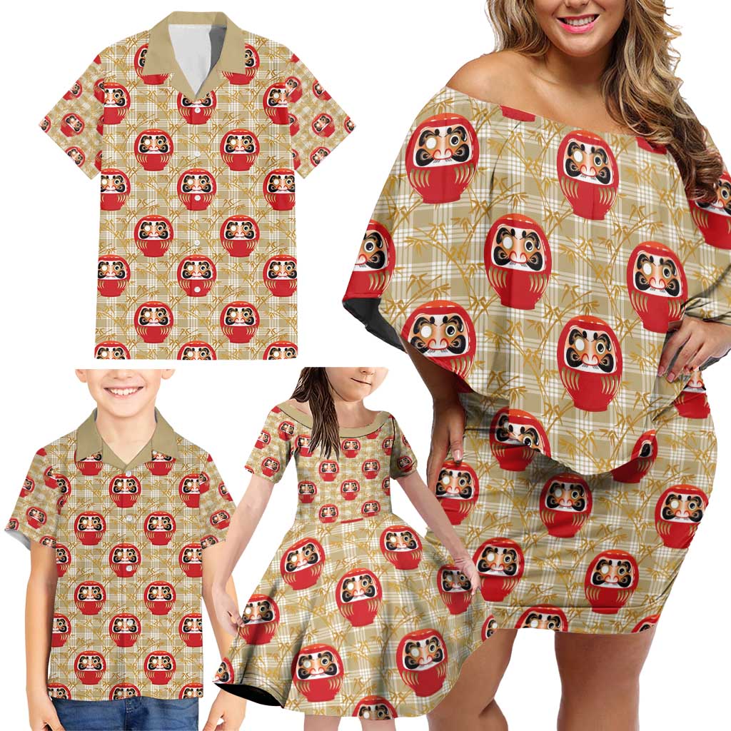 Japanese Daruma Doll Family Matching Off Shoulder Short Dress and Hawaiian Shirt Palaka With Seamless Bamboo Pattern - Polynesian Pride