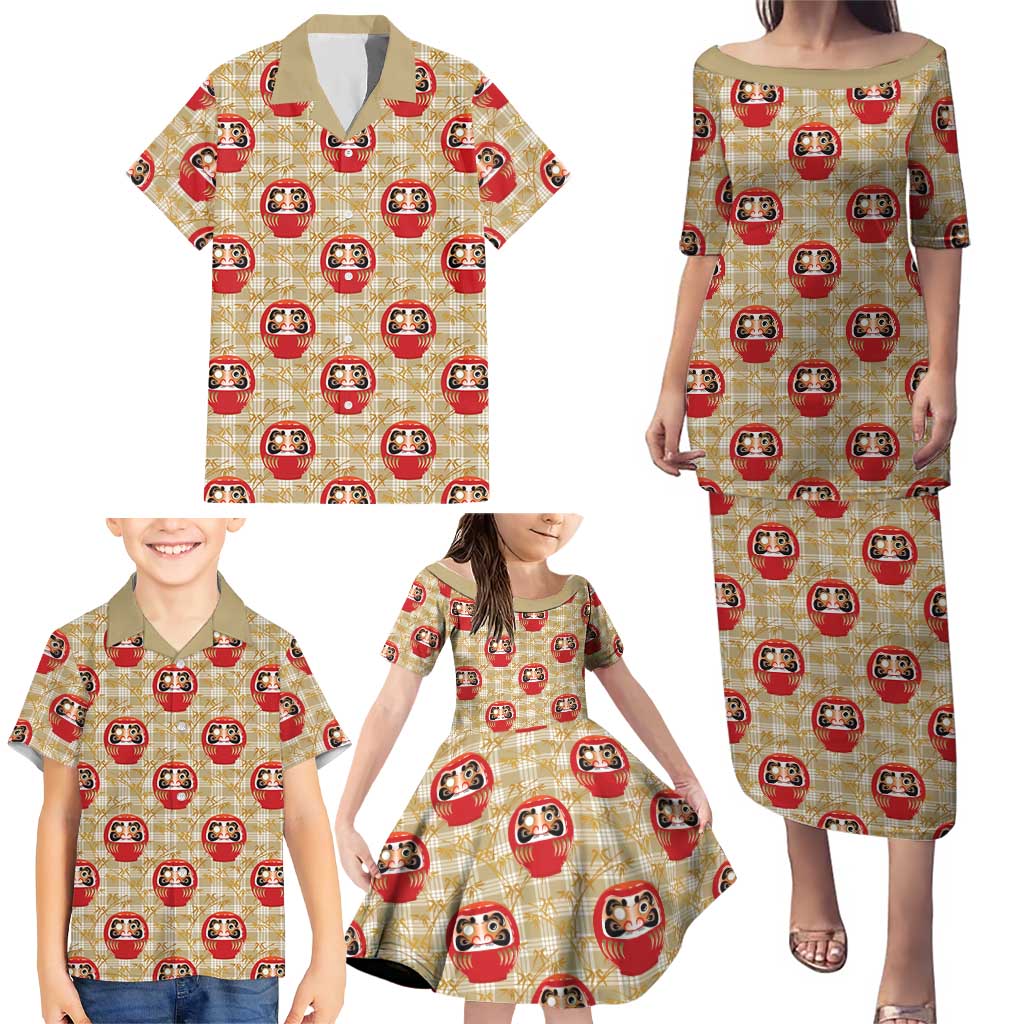 Japanese Daruma Doll Family Matching Puletasi and Hawaiian Shirt Palaka With Seamless Bamboo Pattern - Polynesian Pride