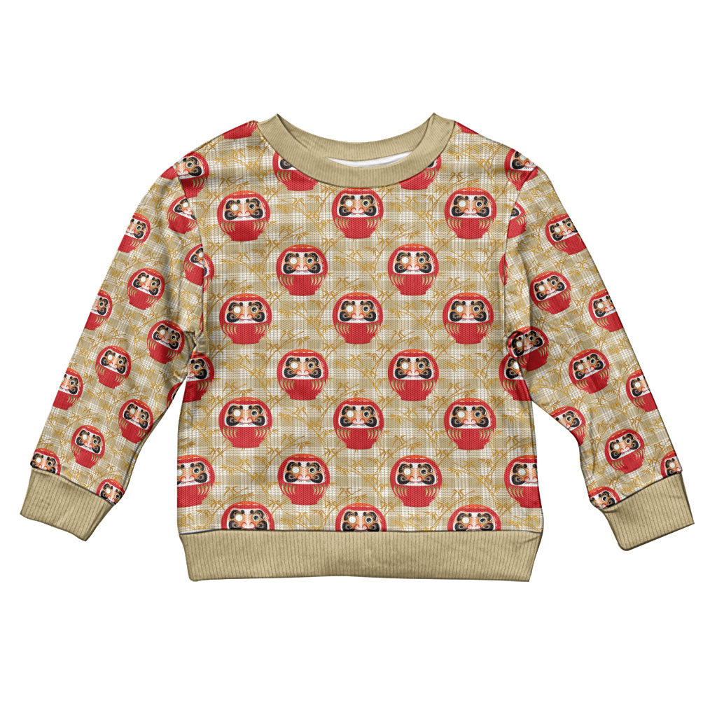 Japanese Daruma Doll Kid Ugly Christmas Sweater Palaka With Seamless Bamboo Pattern