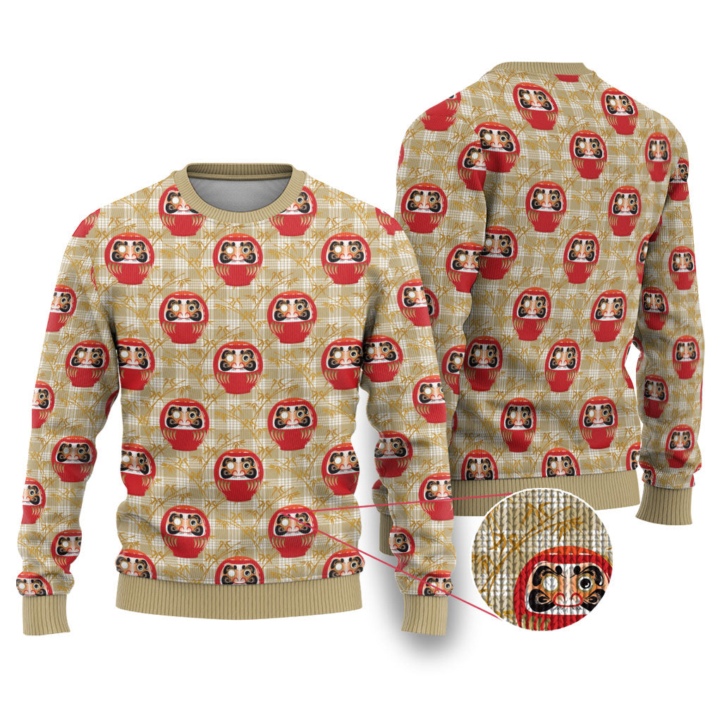 Japanese Daruma Doll Ugly Christmas Sweater Palaka With Seamless Bamboo Pattern