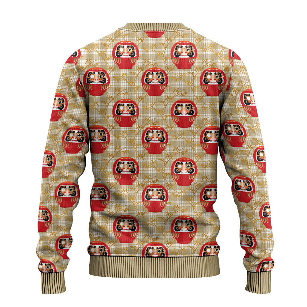 Japanese Daruma Doll Ugly Christmas Sweater Palaka With Seamless Bamboo Pattern