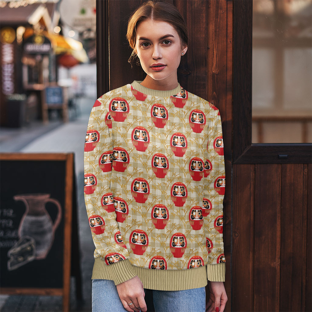 Japanese Daruma Doll Ugly Christmas Sweater Palaka With Seamless Bamboo Pattern