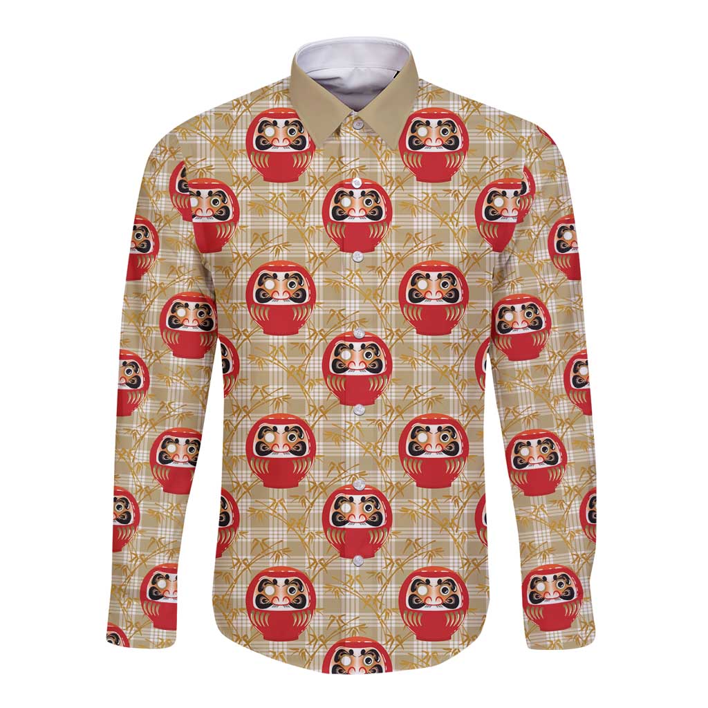 Japanese Daruma Doll Long Sleeve Button Shirt Palaka With Seamless Bamboo Pattern - Polynesian Pride