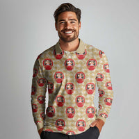 Japanese Daruma Doll Long Sleeve Polo Shirt Palaka With Seamless Bamboo Pattern - Polynesian Pride