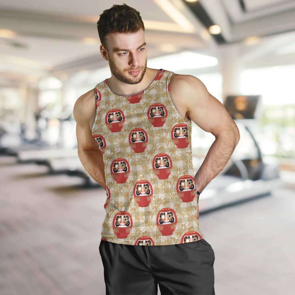 Japanese Daruma Doll Men Tank Top Palaka With Seamless Bamboo Pattern LT14 Beige - Polynesian Pride