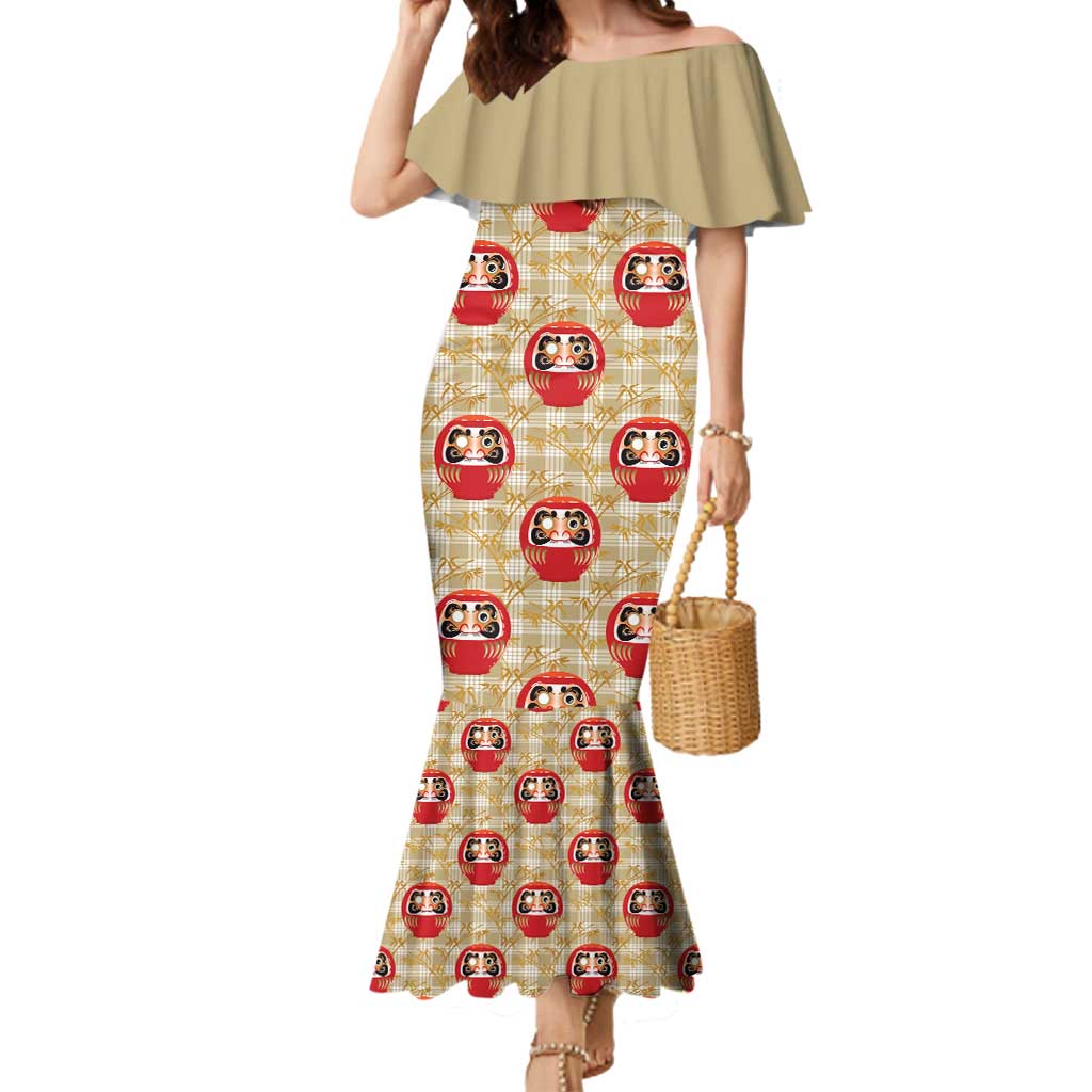 Japanese Daruma Doll Mermaid Dress Palaka With Seamless Bamboo Pattern LT14 Women Beige - Polynesian Pride