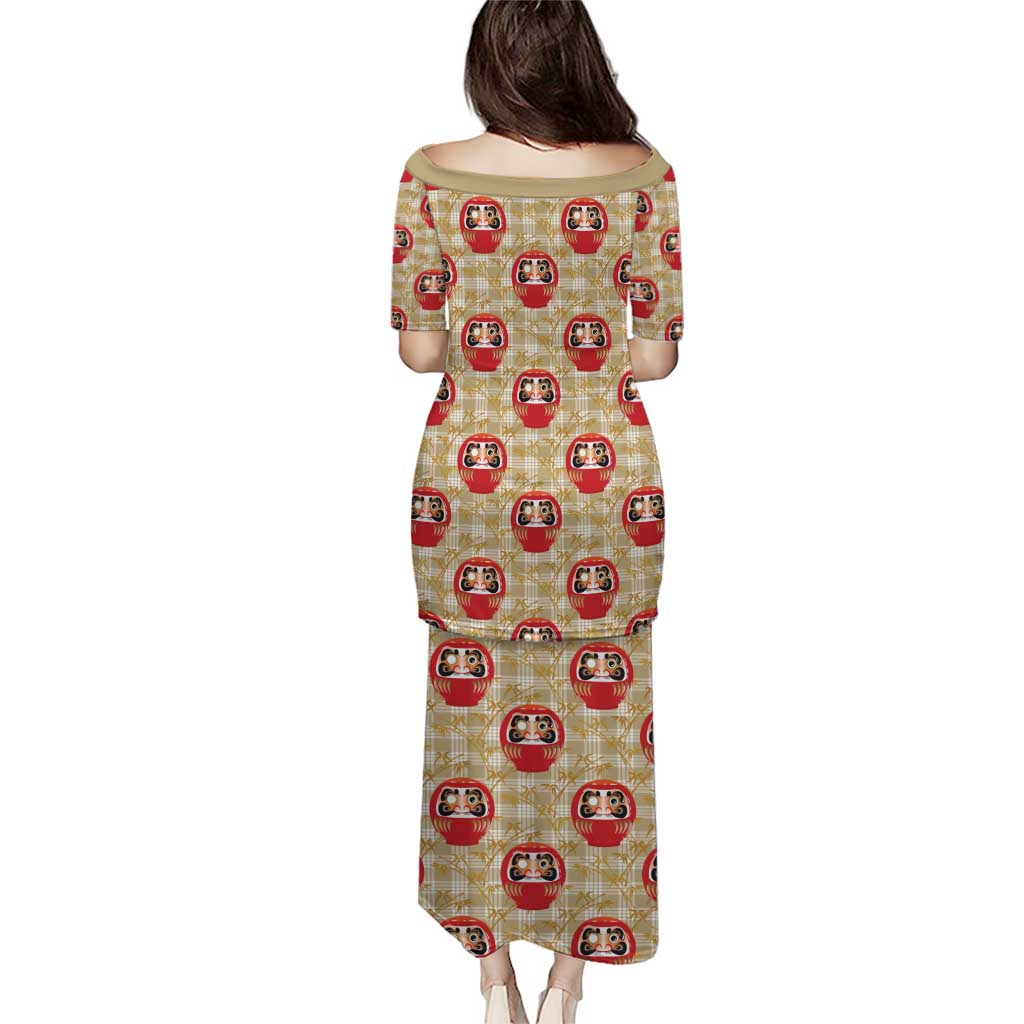 Japanese Daruma Doll Puletasi Palaka With Seamless Bamboo Pattern - Polynesian Pride