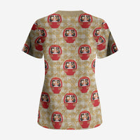 Japanese Daruma Doll Scrub Top Palaka With Seamless Bamboo Pattern - Polynesian Pride