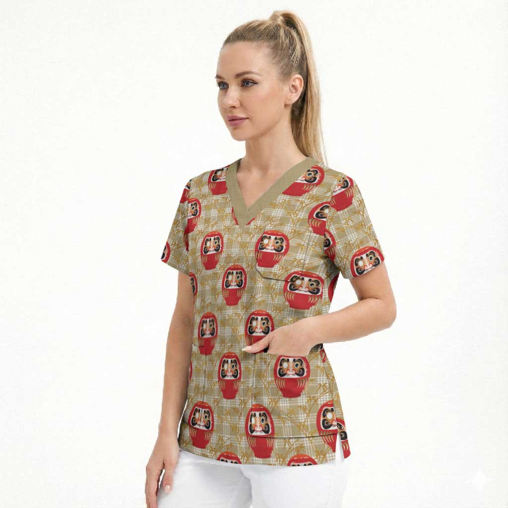Japanese Daruma Doll Scrub Top Palaka With Seamless Bamboo Pattern - Polynesian Pride