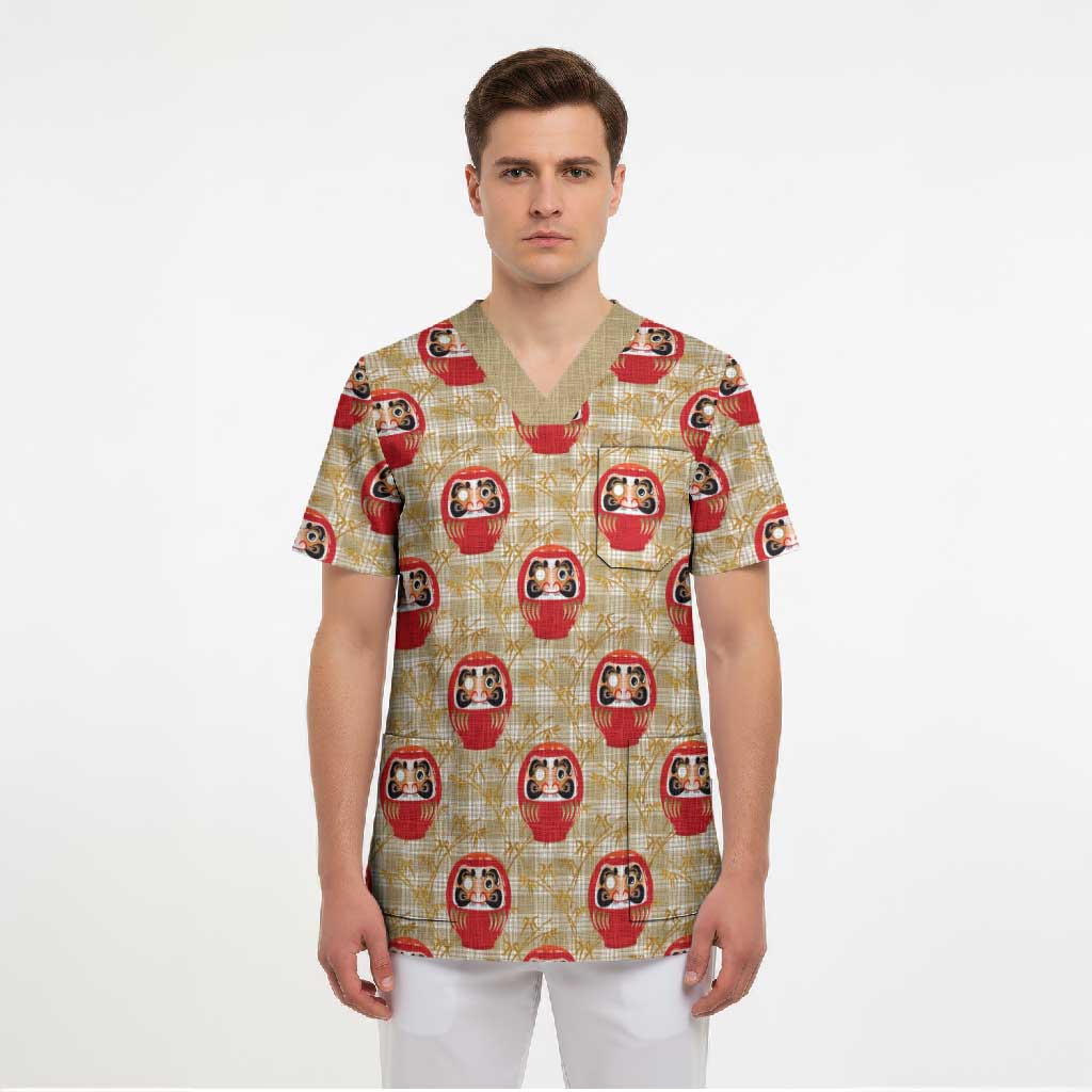 Japanese Daruma Doll Scrub Top Palaka With Seamless Bamboo Pattern - Polynesian Pride