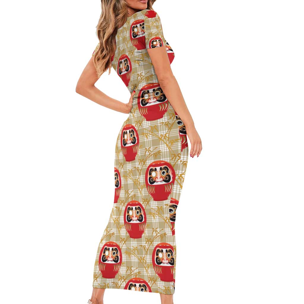Japanese Daruma Doll Short Sleeve Bodycon Dress Palaka With Seamless Bamboo Pattern - Polynesian Pride