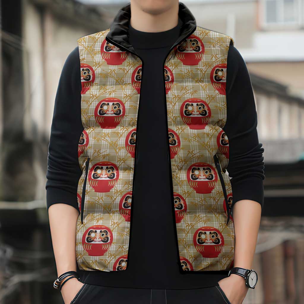 Japanese Daruma Doll Sleeveless Puffer Jacket Palaka With Seamless Bamboo Pattern LT14 - Polynesian Pride