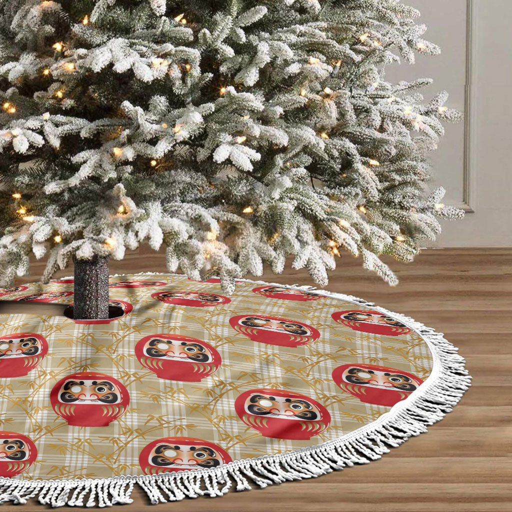 Japanese Daruma Doll Tree Skirt Palaka With Seamless Bamboo Pattern