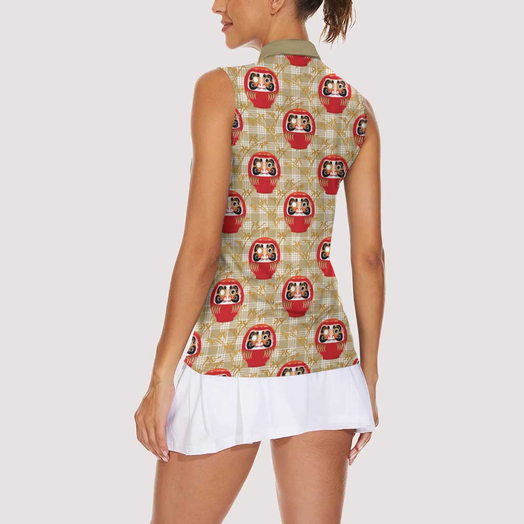 Japanese Daruma Doll Women Sleeveless Polo Shirt Palaka With Seamless Bamboo Pattern - Polynesian Pride