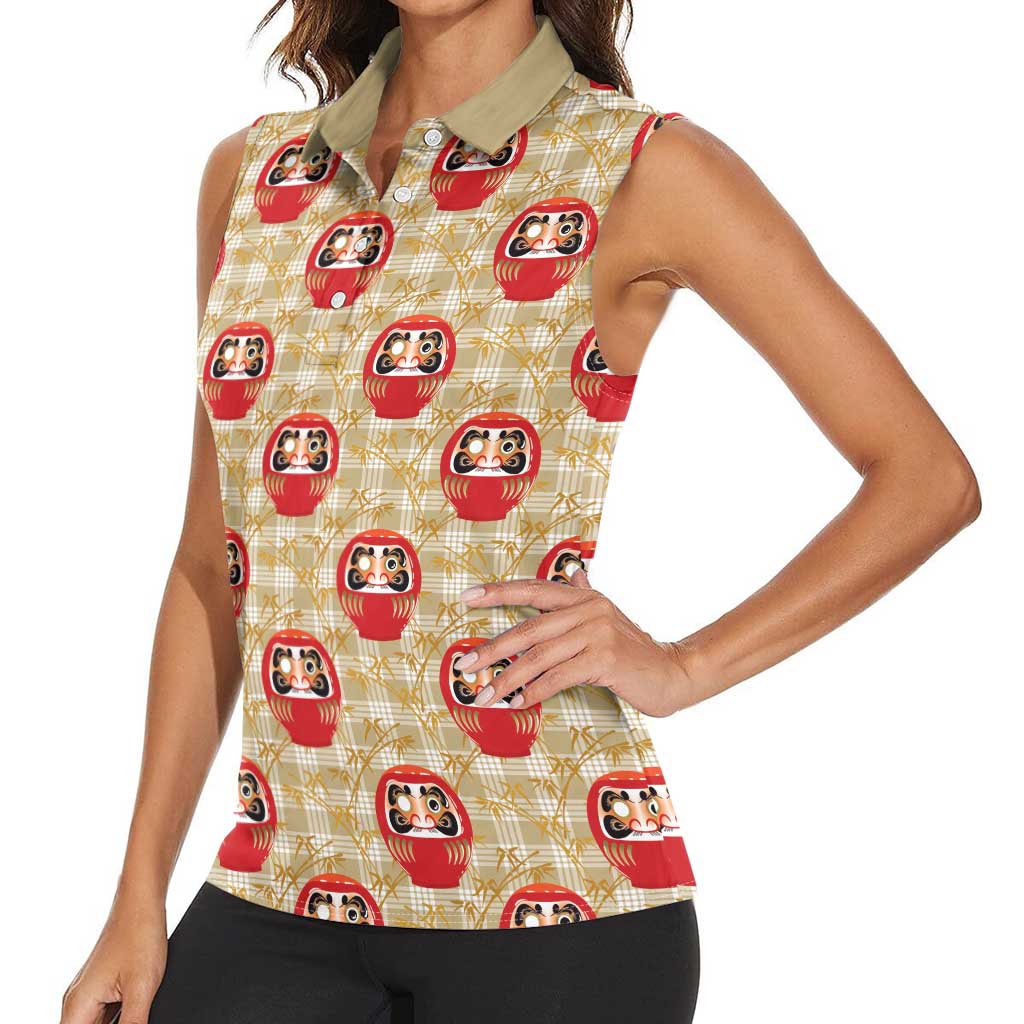 Japanese Daruma Doll Women Sleeveless Polo Shirt Palaka With Seamless Bamboo Pattern - Polynesian Pride