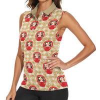 Japanese Daruma Doll Women Sleeveless Polo Shirt Palaka With Seamless Bamboo Pattern - Polynesian Pride