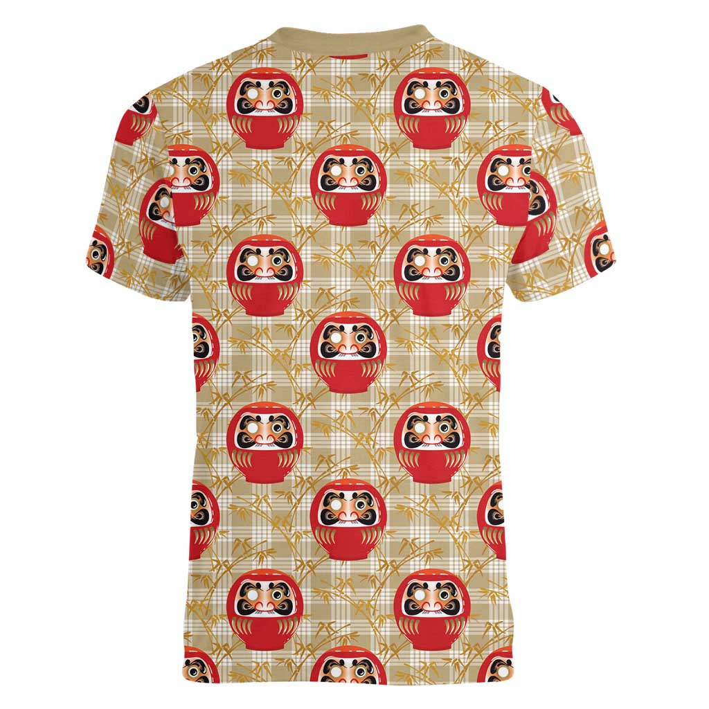 Japanese Daruma Doll Women V-Neck T-Shirt Palaka With Seamless Bamboo Pattern LT14 - Polynesian Pride