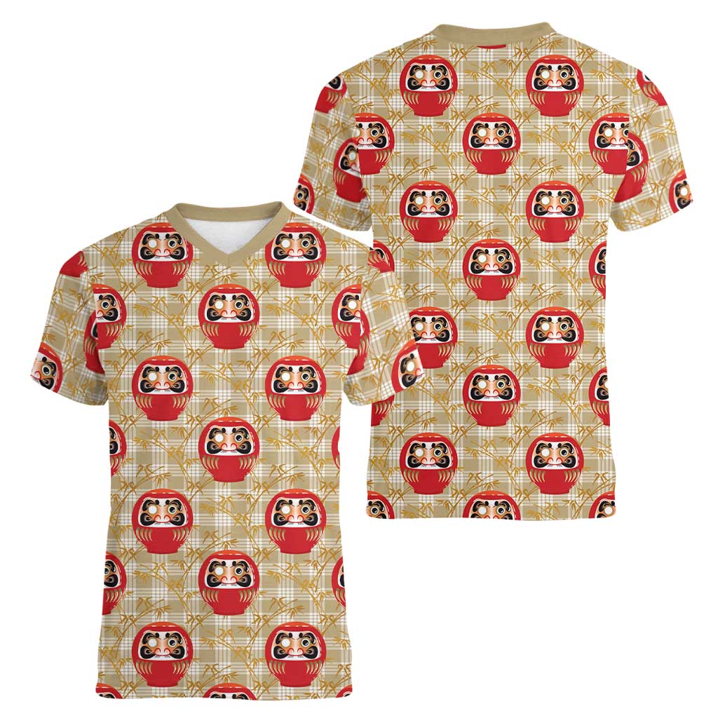 Japanese Daruma Doll Women V-Neck T-Shirt Palaka With Seamless Bamboo Pattern LT14 - Polynesian Pride