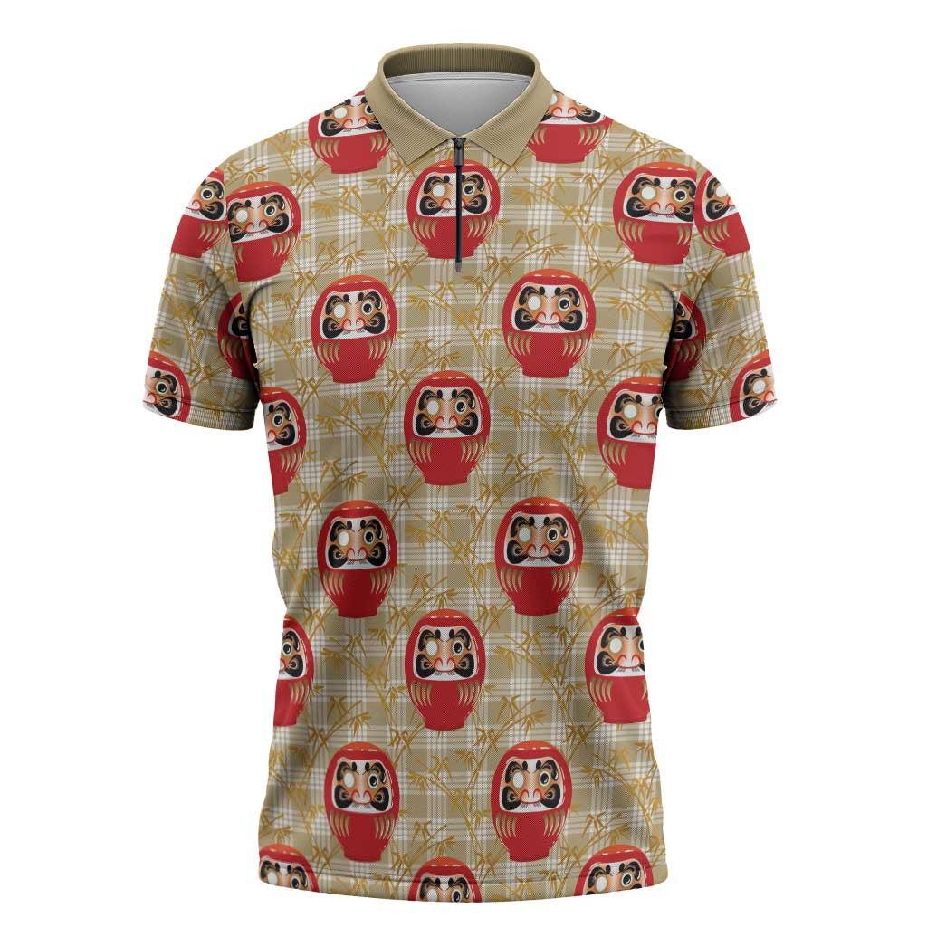 Japanese Daruma Doll Zipper Polo Shirt Palaka With Seamless Bamboo Pattern - Polynesian Pride