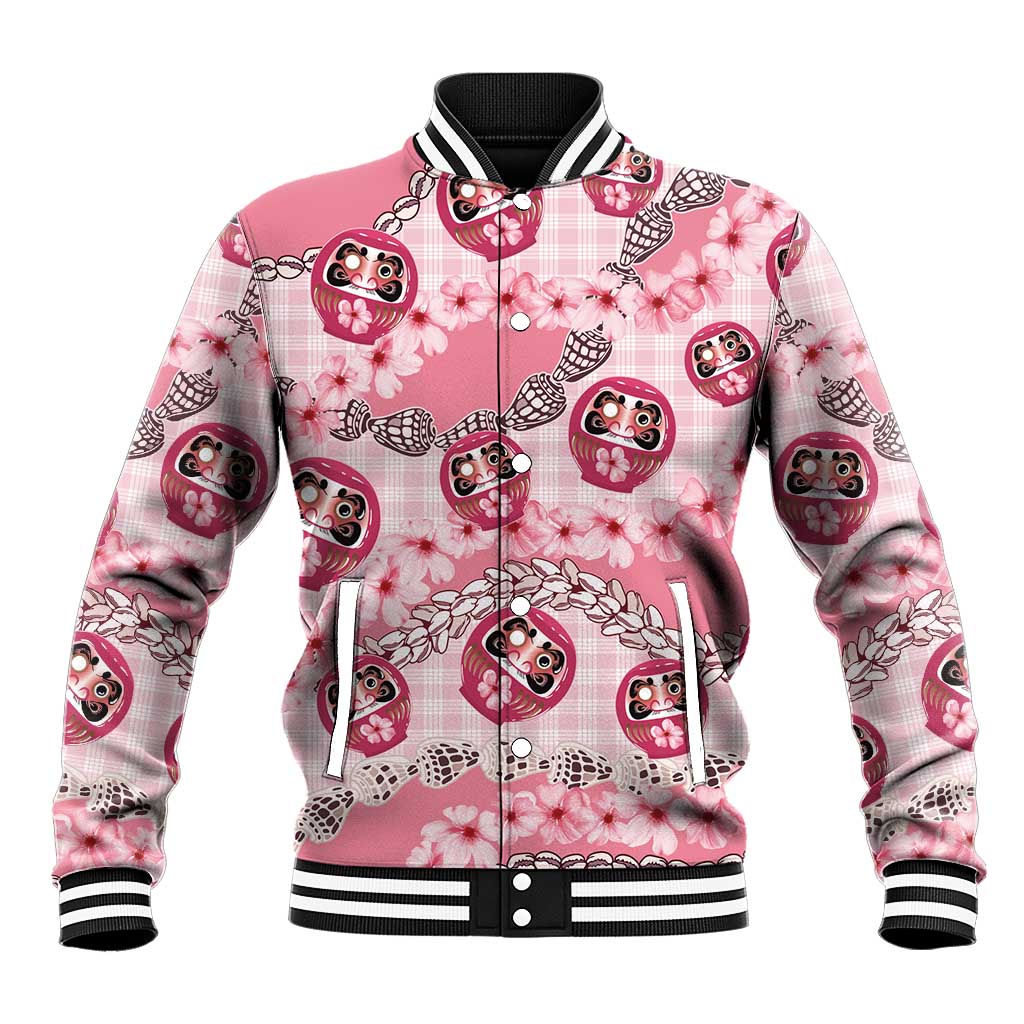 Japanese Daruma Doll Palaka Baseball Jacket Cherry Blossoms With Shell Lei - Polynesian Pride