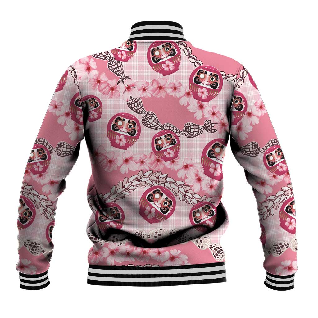 Japanese Daruma Doll Palaka Baseball Jacket Cherry Blossoms With Shell Lei - Polynesian Pride