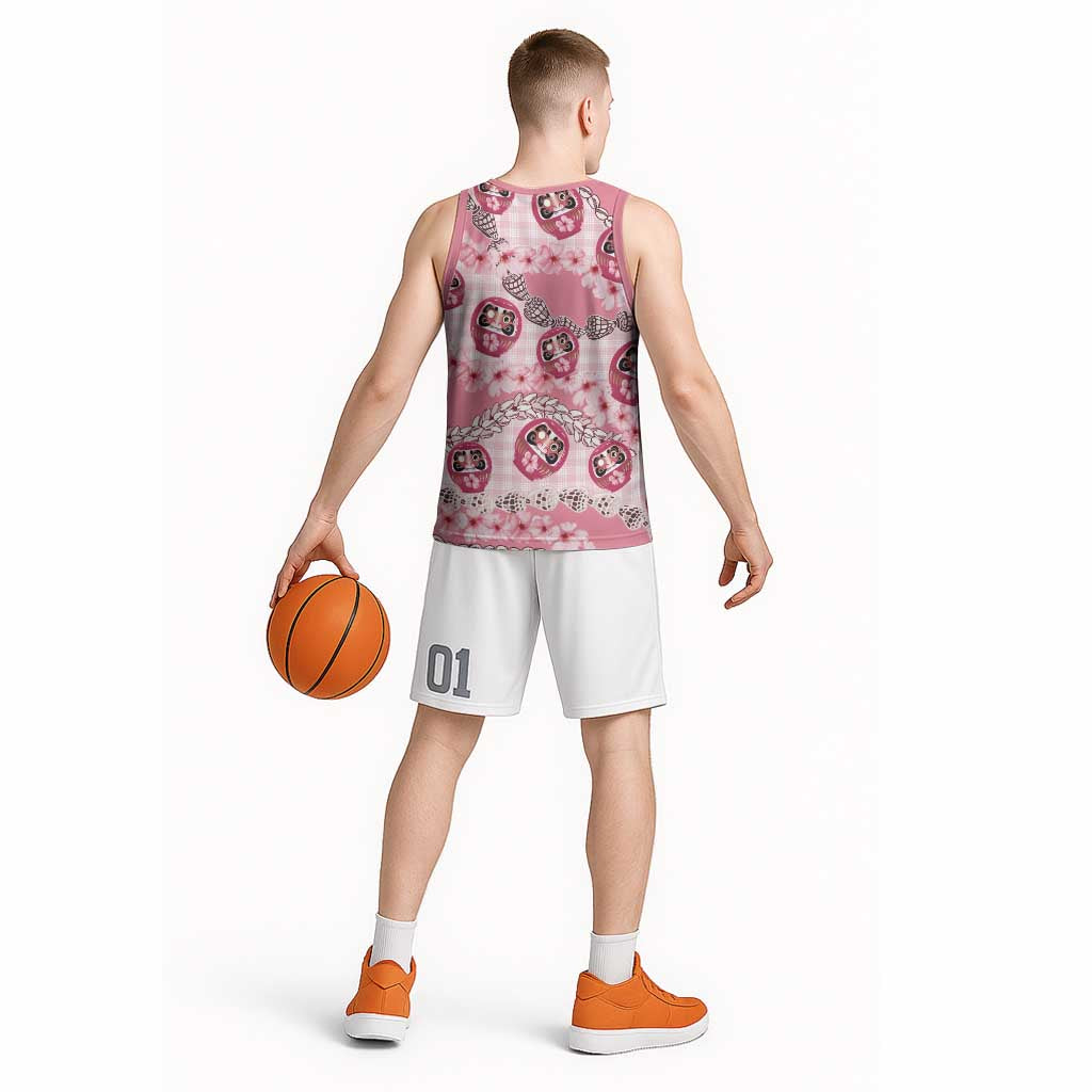 Japanese Daruma Doll Palaka Basketball Jersey Cherry Blossoms With Shell Lei - Polynesian Pride