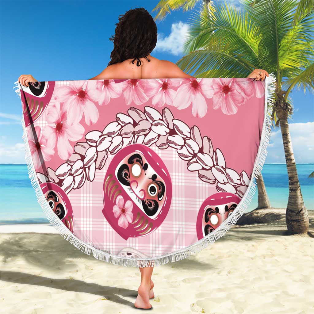 Japanese Daruma Doll Palaka Beach Blanket Cherry Blossoms With Shell Lei - Polynesian Pride