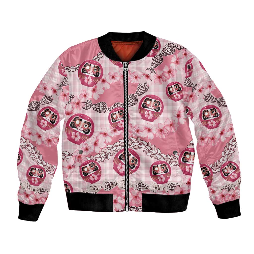 Japanese Daruma Doll Palaka Bomber Jacket Cherry Blossoms With Shell Lei - Polynesian Pride
