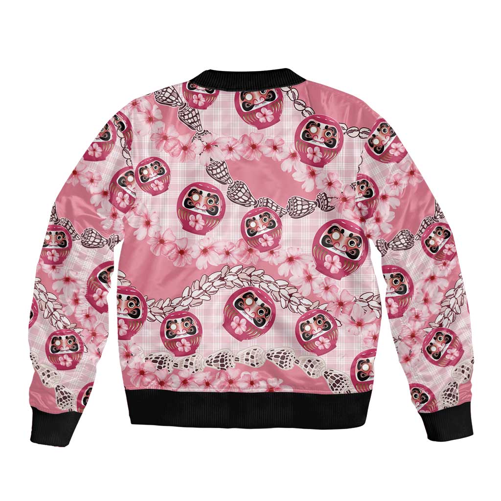 Japanese Daruma Doll Palaka Bomber Jacket Cherry Blossoms With Shell Lei - Polynesian Pride