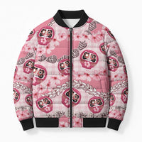 Japanese Daruma Doll Palaka Bomber Puffer Jacket Cherry Blossoms With Shell Lei - Polynesian Pride