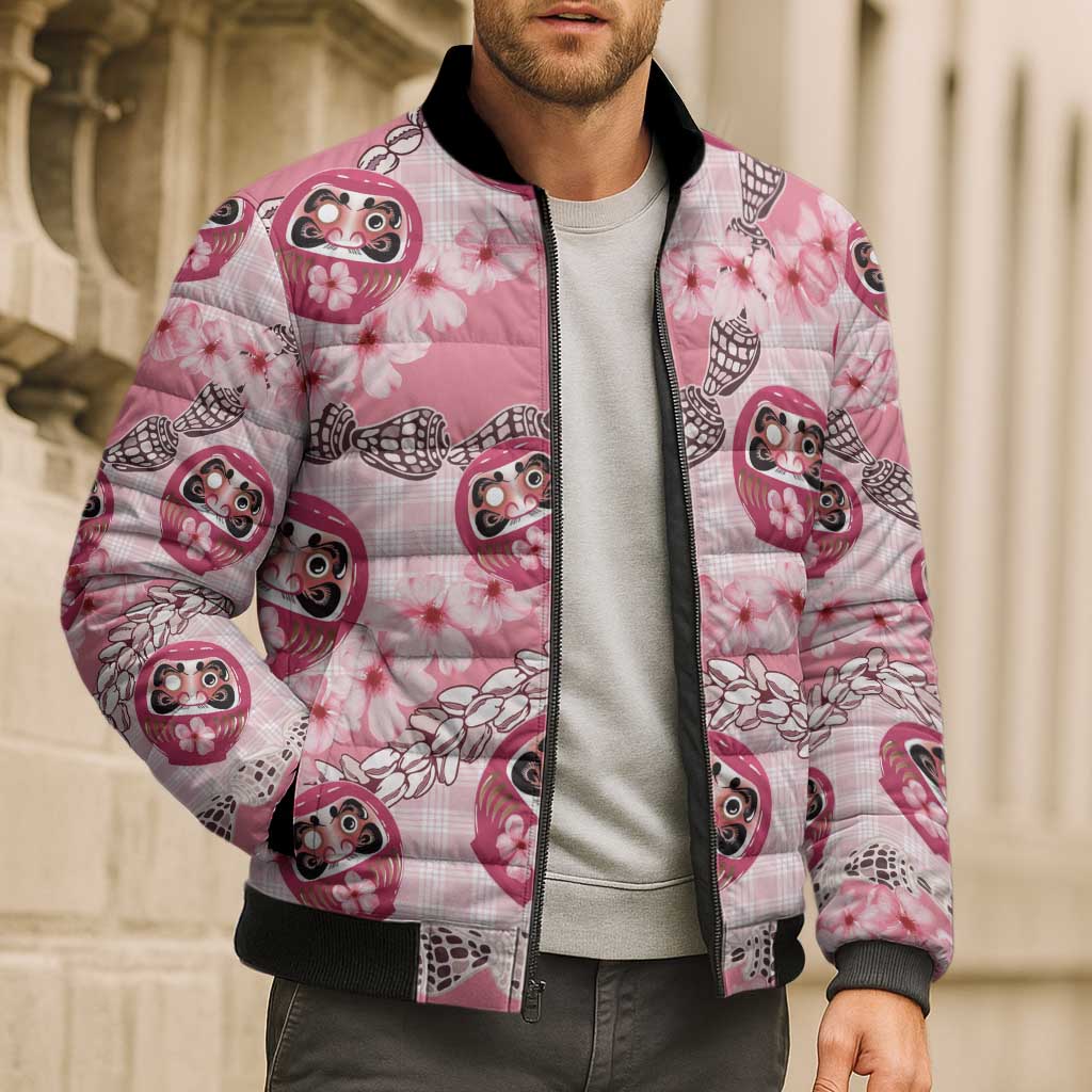 Japanese Daruma Doll Palaka Bomber Puffer Jacket Cherry Blossoms With Shell Lei - Polynesian Pride