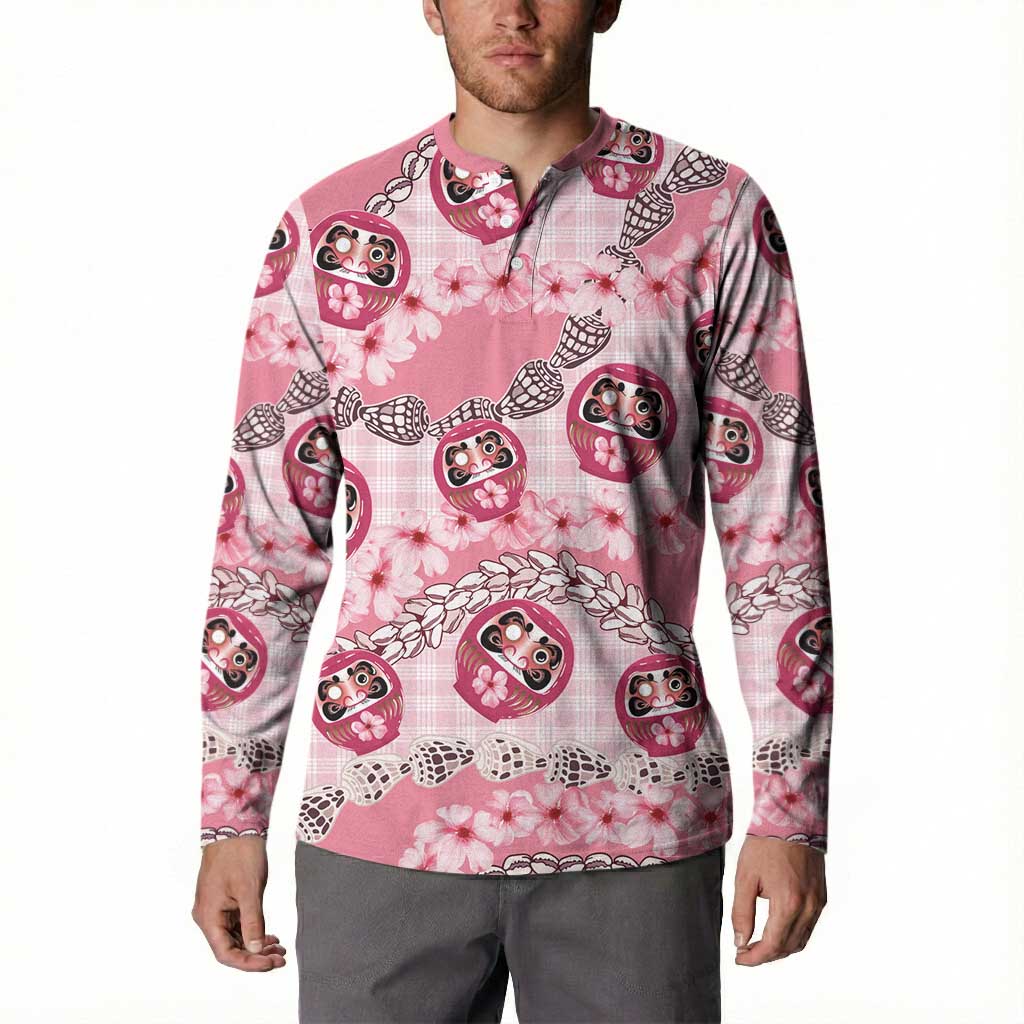 Japanese Daruma Doll Palaka Button Sweatshirt Cherry Blossoms With Shell Lei - Polynesian Pride