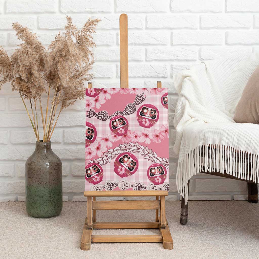 Japanese Daruma Doll Palaka Canvas Wall Art Cherry Blossoms With Shell Lei - Polynesian Pride