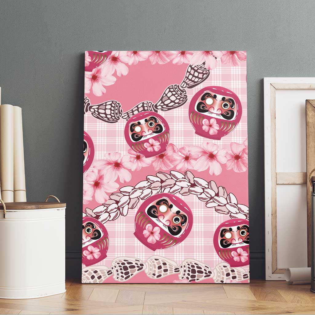Japanese Daruma Doll Palaka Canvas Wall Art Cherry Blossoms With Shell Lei - Polynesian Pride