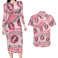 Japanese Daruma Doll Palaka Couples Matching Long Sleeve Bodycon Dress and Hawaiian Shirt Cherry Blossoms With Shell Lei - Polynesian Pride