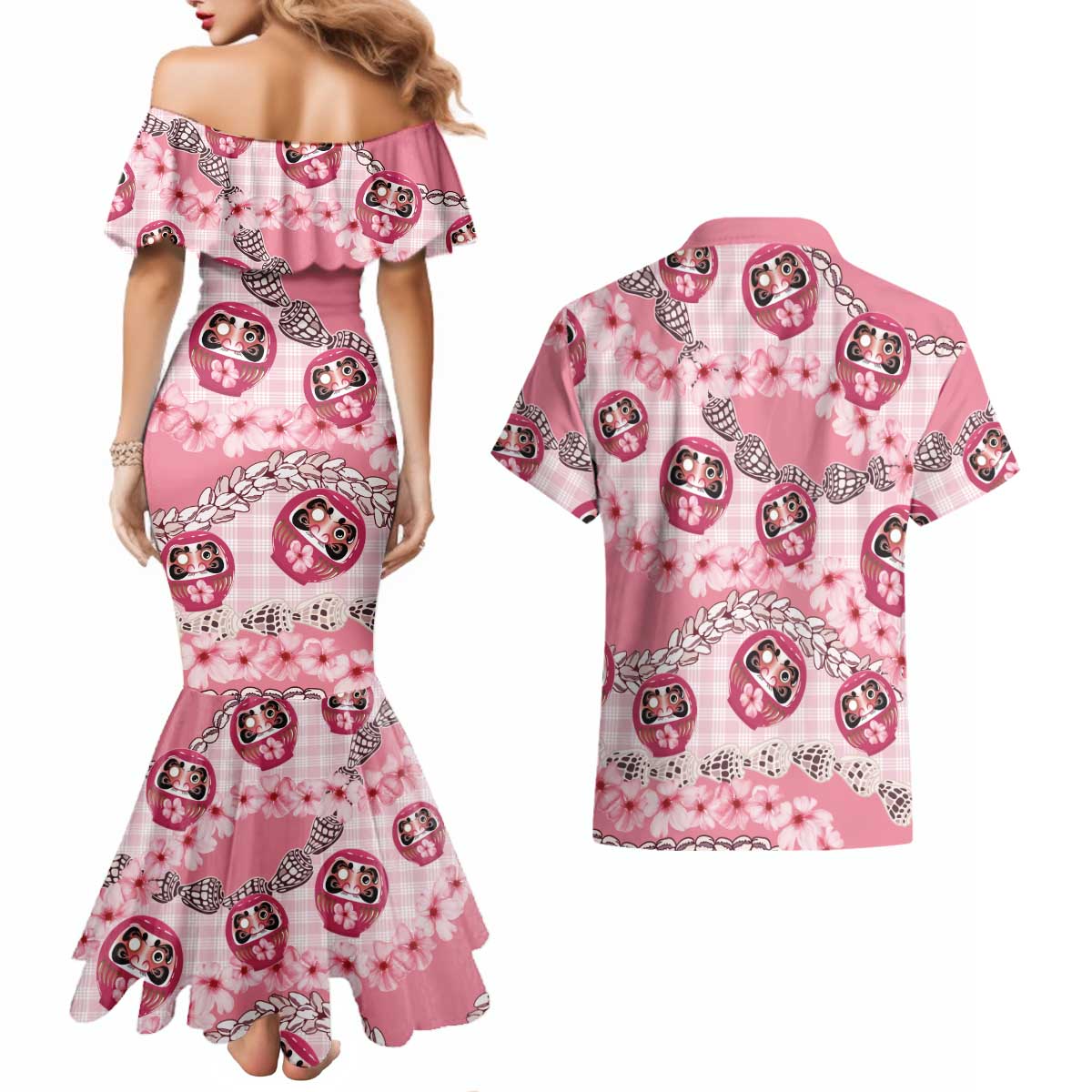 Japanese Daruma Doll Palaka Couples Matching Mermaid Dress and Hawaiian Shirt Cherry Blossoms With Shell Lei - Polynesian Pride
