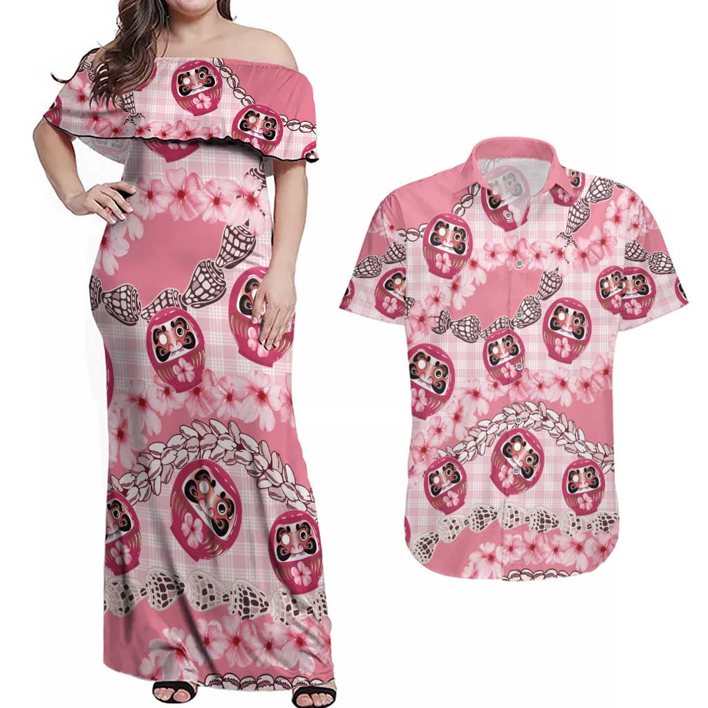 Japanese Daruma Doll Palaka Couples Matching Off Shoulder Maxi Dress and Hawaiian Shirt Cherry Blossoms With Shell Lei - Polynesian Pride