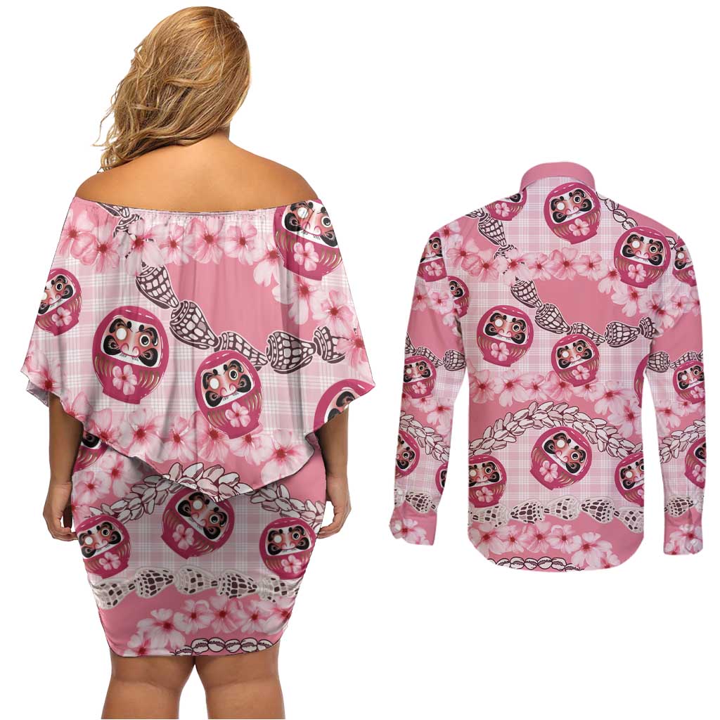 Japanese Daruma Doll Palaka Couples Matching Off Shoulder Short Dress and Long Sleeve Button Shirt Cherry Blossoms With Shell Lei - Polynesian Pride