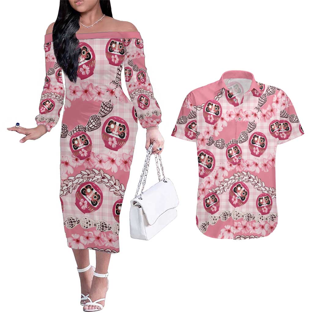 Japanese Daruma Doll Palaka Couples Matching Off The Shoulder Long Sleeve Dress and Hawaiian Shirt Cherry Blossoms With Shell Lei - Polynesian Pride